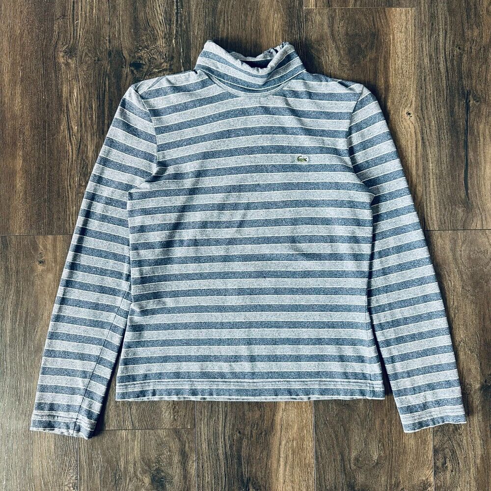 Vintage 90s Lacoste Striped Turtleneck Shirt Long Sleeve Blue Women's Size Small